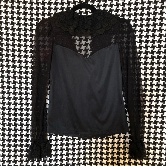 Vintage 80s / 90s Semi-sheer back deep-v lace button down blouse w/ ruffles - Picture 2 of 8